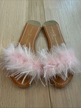 Chinese Laundry Pink Marabou Slide Sandals with Gold-Tone Toe Caps